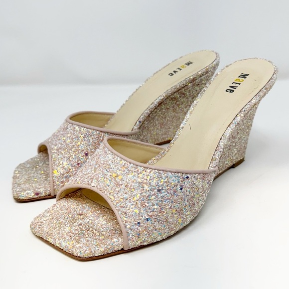 Maeve Anthropologie Pink Glitter Wedge Mules Heels Women’s Size 9 - Picture 7 of 11